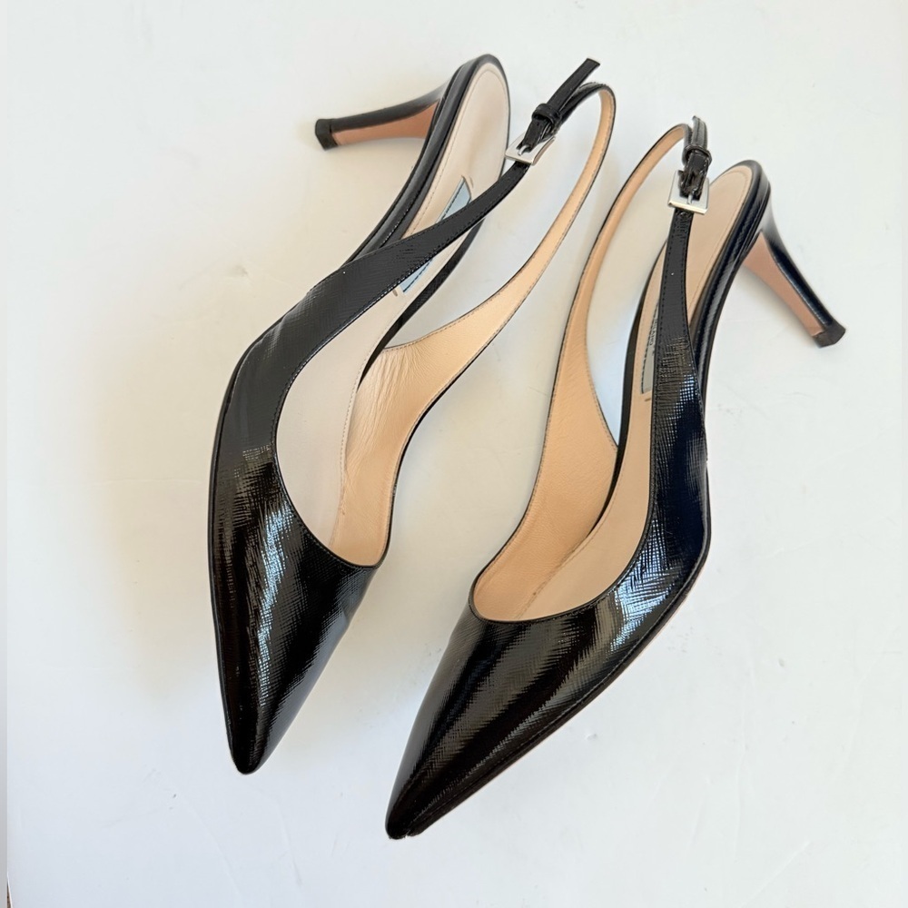 Prada Black Saffiano Patent Leather Pointed toe Slingback pumps EU 38 - Picture 3 of 9
